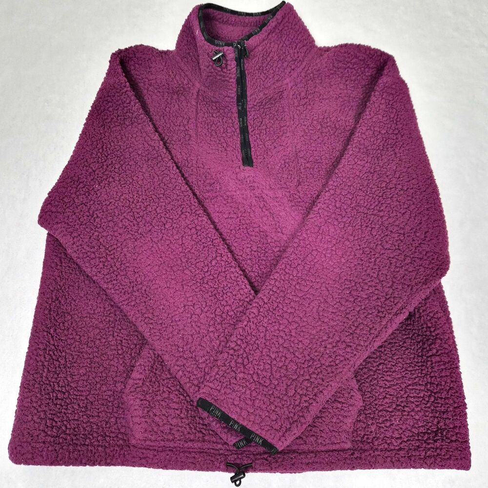 Victorias Secret PINK Sherpa Pullover Half Zip Burgundy Womens XL Cozy Cabin
